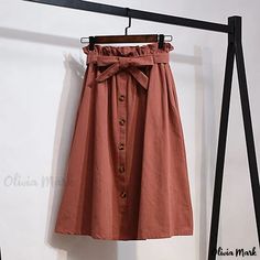 Olivia Mark - Vintage Style High Waist Skirt with Single-Button Closure, Blossom Design, Elastic Waistband, and Belted Pocket Autumn Skirts, Pleated School Skirt, Belted Midi Skirt, Button Midi Skirt, Floral Print Midi Skirt, School Skirt, Skirt With Buttons, Elastic Waist Skirt, Spandex Dress