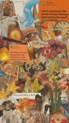 a collage of images with words and pictures on them, including an orange piece of paper