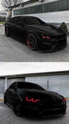 two pictures of a black car with red lights on it's side and the front end