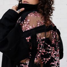 THE SAKURA JACKET – Dragon Denim Black Long Sleeve Denim Jacket For Spring, Black Denim Jacket For Spring, Black Embroidered Denim Jacket For Fall, Spring Black Outerwear With Floral Embroidery, Embroidered Black Denim Jacket For Fall, Clothing Optional, Denim Ideas, Lace Jacket, Colored Denim