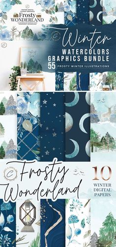 the frosty wonderland watercolor graphics bundle is shown in blue and white, with snowflakes on it