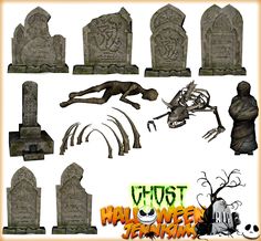 various halloween tombstones and graves with creepy faces