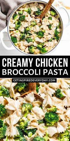 creamy chicken broccoli pasta in a pan with a wooden spoon