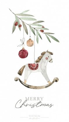 a merry christmas card with a rocking horse and bauble hanging from the tree