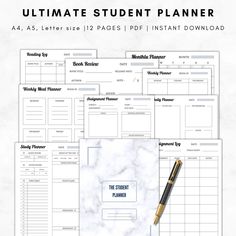 the ultimate printable student planner is shown in white marble with black ink and gold pen