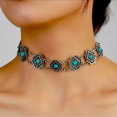 Bohemian Vintage Turquoise Choker Necklace This Choker Is Shorter Than Average-See Measurements (Free Extender Provided While Supplies Last) Updated - Extender Supplies Are Out. Adjustable Light Blue Turquoise Necklace In Bohemian Style, Blue Bohemian Choker Jewelry, Bohemian Blue Choker Jewelry, Bohemian Blue Choker, Blue Bohemian Choker, Elegant Blue Choker For Festivals, Elegant Turquoise Necklace For Festival, Bohemian Light Blue Jewelry For Festivals, Blue Turquoise Metal Necklace