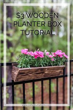 a wooden planter box with pink flowers in it and the words $ 3 wooden planter box