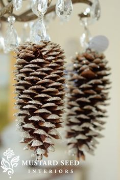 two pine cones hanging from a chandelier with crystal bead drops on them