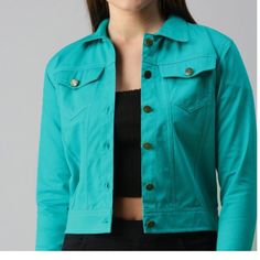 Turquoise Denim Is Trending! Join The Fad With This High Quality Denim Jacket That Goes With All Outfits And Is Brand New Without Tags! Size 10 Or Large! Colorful Denim Jacket, Green Cotton Denim Jacket With Pockets, Blue Fitted Cotton Denim Jacket, Green Button-up Cotton Denim Jacket, Green Cotton Button-up Denim Jacket, Turquoise Long Sleeve Outerwear For Work, Turquoise Outerwear For Work In Fall, Casual Turquoise Winter Outerwear, Trendy Green Denim Jacket With Pockets