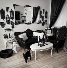 a living room with black and white furniture, cat on the floor, and mirror