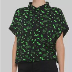 Very Light Weight Button Down Shirt With More Of A Crop Length To It. Never Been Worn Casual Button-up Blouse With Graphic Print, Green Button-up Blouse For Night Out, Green Collared Blouse With Graphic Print, Casual Collared Shirt For Night Out, Trendy Green Shirt With Buttons, Edgy Short Sleeve Tops For Workwear, Edgy Short Sleeve Tops For Work, Trendy Night Out Shirt With Buttons, Trendy Buttoned Shirt For Night Out