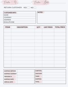 an invoice form with the words return to customer, and other items on it