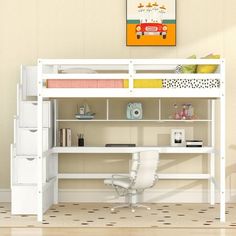 a white loft bed with desk underneath it