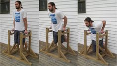 three photos of a man standing on top of a wooden chair with his hands in the back