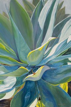 an oil painting of blue and green leaves