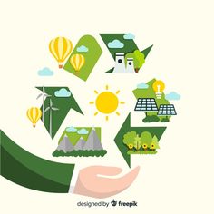 a hand holding a green energy symbol with icons in the shape of houses and trees