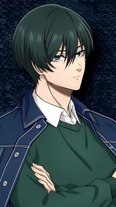 an anime character with green hair and blue eyes, wearing a denim jacket over his shoulders