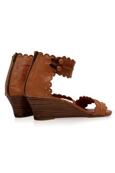 Magdalena. Leather wedge sandals with scallop edges and cut outs. | BaliELF Wooden Wedges, Comfortable Wedges, Black Leather Wedges, Leather Wedge Sandals, Leather Wedges, Sleeved Romper, Boho Chic Fashion, Vintage Brown, Cut Outs