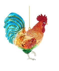 a colorful glass rooster ornament hanging from a chain