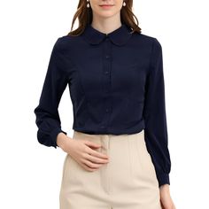 Feel confident flaunting your classic, yet edgy style in this classic peter-pan-collar office shirt. It features the front buttons, long puff sleeves, a Peter Pan collar, and the princess line. his button-up shirt is a polished piece for the weekend and workdays alike. This classic shirt is a regular fit, and that's how this one perfects the beloved staple. It is stylish and is a perfect choice for an office outfit. Classic Office Blouse With Button Closure, Classic Blouse With Button Closure For Office, Classic Office Wear Blouse With Button Closure, Classic Button-up Blouse For Office, Classic Collared Blouse For Business, Classic Lapel Collar Blouse For Office, Classic Blouse With Lapel Collar For Office, Classic Office Blouse With Button Cuffs, Collared Shirt With Button Cuffs For Office