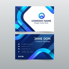 a blue business card with an abstract design on the front and back, in two different colors