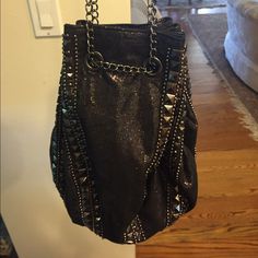 Brand New, Long Silver Chain, Black Sparkles On Outside Black Sparkles, Black Sparkle, Chain Link, Black Silver, Silver Chain, Sequin Skirt, Bag Lady, Purse, Brand New