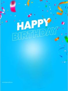 a blue birthday card with confetti and streamers in the air on a sunny day