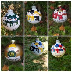 six different christmas ornaments hanging from a tree