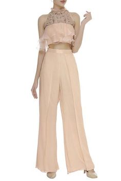 Shop for Nitika Kanodia Gupta Pink Ruffle Embellished Blouse With Pant for Women Online at Aza Fashions Elegant Festive Pants, Chic Sleeveless Evening Set, Elegant Silk Pant Set, Silk Pants For Wedding, Elegant Fitted Silk Pant Set, Silk Pant Set For Evening, Elegant Silk Bottoms With Ruffles, Elegant Festive Trousers, Chic Pants For Wedding And Festive Occasions