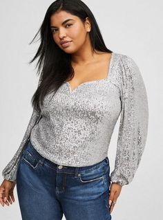 Fit V-neck Sequin Blouse For Evening, Silver Long Sleeve Sequin Tops, V-neck Shimmer Tops For Party Season, V-neck Sequin Blouse For Night Out, Casual Sequined V-neck Top, Blouse Images, Tall Women, Plus Size Blouses, Fashion Tops