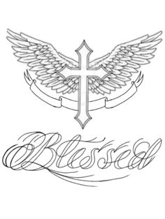 an image of a cross and wings with the word blessing written in cursive writing