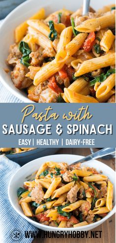 pasta with sausage and spinach in a white bowl