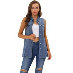 Featuring sleeveless mid-blue washed denim, wear this over a dress, shirt with sock boots, heels for a modern chic look. This jean vest jacket is made of soft and breathable denim cotton. Falls to mid-thigh for an elegant look that is slimming, flattering and comfortable to wear. Suitable for daily casual, vacation, school, shopping, weekend gathering or shopping etc. Denim Blue Denim Vest Outerwear, Spring Denim Blue Buttoned Vest, Medium Wash Vest With Buttons For Fall, Medium Wash Buttoned Vest For Fall, Spring Dark Wash Vest With Buttons, Sleeveless Denim Jacket With Buttons For Fall, Sleeveless Denim Blue Jacket With Buttons, Sleeveless Dark Wash Spring Outerwear, Button-up Medium Wash Vest For Spring