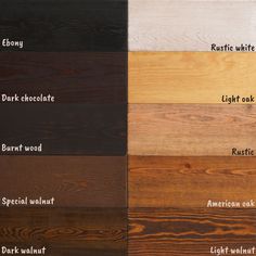 the different types of wood that are available in various colors and sizes, including black, white, brown, light oak, american oak