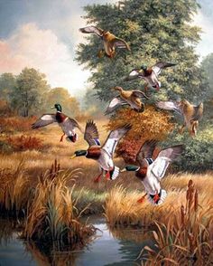 a painting of ducks flying over a pond