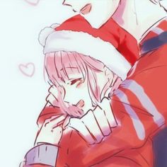 two anime characters hugging each other wearing santa hats