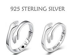 925 Sterling Silver Personalized Couple Hug Rings - Engrave your Initials Hands Shape Adjustable Custom Matching Rings  Your custom ring will be handcrafted with love by skilled artisans. Material: 925 Sterling Silver Size: Female-Adjustable (5.5-9 US) ; Male-Adjustable (7-12 US) The ring is designed to seem like a pair of arms wrapped around your finger. A hug may instantly improve one's mood while also giving peace and calmness to the mind and body. Hugs are a powerful expression of love, friendship, and trust.  FREE SHIPPING TO: US 7-15 days UK 7-12 days AU 6-15 days NZ 7-15 days CA 15-25 days EXPRESS DELIVERY OF 3-7 DAYS IS AVAILABLE AT THE CHECKOUT   ❤️ PLEASE FEEL FREE TO CONTACT US IF YOU HAVE ANY QUESTIONS. WE ARE HERE TO MAKE YOUR ORDER AS SMOOTH AS POSSIBLE ❤️ Meaningful Silver Rings For Valentine's Day, Silver Couple Rings For Mother's Day Gift, Mother's Day Gift Silver Couple Rings, Silver Couple Promise Rings For Mother's Day, Sterling Silver Ring For Anniversary, Mother's Day Gift, Sterling Silver Ring For Mother's Day Anniversary Gift, Sterling Silver Rings For Anniversary Gift On Mother's Day, Sterling Silver Rings For Valentine's Day Anniversary, Silver Ring For Valentine's Day Anniversary