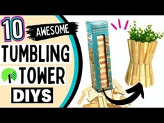 a tower made out of bamboo sticks with the words 10 awesome tumbling tower diys