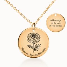 Celebrate a October birthday or create a meaningful gift with our Marigold Birth Flower Pendant Necklace. Crafted with care in the United States, this made-to-order necklace allows you to personalize the pendant with a name, date, or special message, turning it into a timeless keepsake. Each pendant features a laser-etched aster flower design, symbolizing growth, resilience, and connection to nature. Available in gold, rose gold, or silver stainless steel, this hypoallergenic necklace is made to Teddy Bear Wall Art, October Birth Flower, October Birth Flowers, November Birth Flower, Meaningful Gifts For Her, Hypoallergenic Necklace, Birth Flower Necklace, Aster Flower, Bear Wall Art