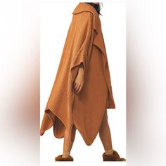 Poncho Waffle Jacket In Brown Almond Chic Brown Cape For Fall, Oversized Beige Cape Outerwear, Oversized Long Brown Outerwear, Cozy Brown Outerwear One Size, Brown Long Sleeve Outerwear, One Size, Brown Long Sleeve Outerwear One Size, Oversized Long Sleeve Chic Cape, Oversized Chic Long Sleeve Cape, Chic Oversized Long Sleeve Cape