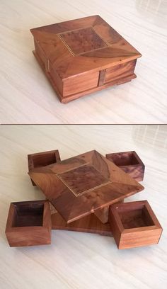 two different views of a wooden box on top of each other, with one open and the other closed