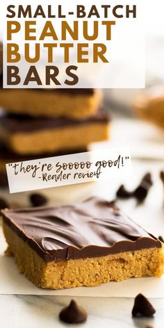 small batch peanut butter bars with chocolate frosting on top and the words, they're