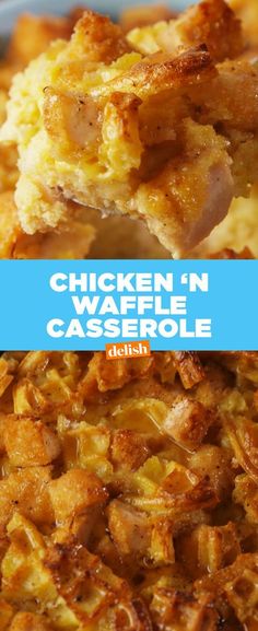 chicken'n waffle casserole is shown with the title in the middle