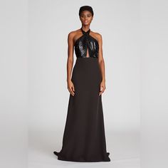 Nwt. Showcasing Its Shimmering Accents, The Lacey Gown Perfectly Captures Halston's Iconic Ultra-Glam Feel. It’s Framed By A Halter Neckline Featuring A Criss-Cross Bodice With Showstopping Sequins, While Its Hem Gives Balance To The Entire Styleboth In Palette And Silhouette. Celebrate The Season In A Statement Piece That Evokes A Beguiling Aesthetic, Grounded In Both Its Standout Elements And Elegant Detailing. Halter Neck Stretch Crepe Gown Criss-Cross Sequin Bodice Floor Length Dress 92% Rec Cocktail Gown With Sequins And Fitted Bodice, Gala Formal Contrast Sequin Fabric, Evening Gown With Contrast Sequins For Formal Occasions, Evening Gown With Contrast Sequin For Formal Events, Fitted Contrast Sequin Cocktail Gown, Gala Maxi Gown With Contrast Sequin, Evening Formal Gown With Contrast Sequin, Formal Gala Sequin Dress With Contrast Sequins, Evening Formal Dresses With Contrast Sequin