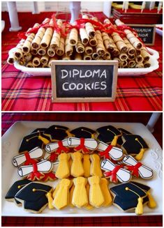 graduation cookies and diploma cookies are on display at the reception table, along with a sign that says diploma cookies