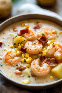 a bowl filled with shrimp and corn chowee