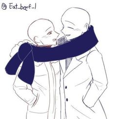 two people are hugging each other while one person is wearing a scarf over his neck