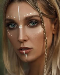 White Viking Makeup, Warrior Face Paint Female, Celestial Makeup Halloween, Burning Man Makeup Ideas, Cave Woman Makeup, Viking Wedding Makeup, Elven Makeup Looks, Goddess Face Painting, Romani Makeup