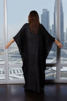 Black silk Kaftan floor length Chic Black V-neck Kaftan, Black Long Maxi Dress For Loungewear, Black Maxi Dress For Loungewear, Long Black Abaya For Vacation, Black V-neck Kaftan For Loungewear, Chic Maxi-length Kaftan For Loungewear, Chic Maxi Length Kaftan For Loungewear, Chic Black Long Sleeve Kaftan, Black Tunic Kaftan For Beach Cover-up