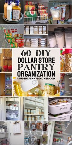 a collage of pictures with the words 60 diy dollar store pantry organization